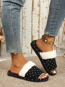 Women's Polka Dot Print Plush Slip-On Slippers, Comfortable Open Toe Flat Indoor/Outdoor Slides - Black - View 9