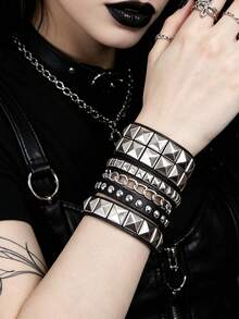 3/6 Buah Gelang Bertabur Gaya Punk, Gelang Rantai Kulit PU yang Dapat Diatur untuk Wanita dan Pria, Aksesoris Goth Emo untuk Halloween - MultiWarna - View 3