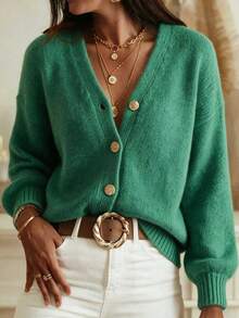 SEREN Women's Vintage Back V-Neck Single-Breasted Knit Cardigan, Autumn/Winter New Loose Slouchy Sweater Jacket, Daily Wear - Green - View 5