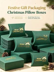 12PCS/Christmas Pillow Gift Boxes, Gold Foil Hot Stamping Xmas Candy Treat Boxes, 4.53*2.76 Inch Green Paper Favor Boxes, 6 Assorted Patterns For Christmas Party Small Gift Cookie Packaging - View 7