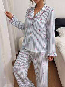 Dreamivo Women's Ruffle Trim Playful Elegant Loungewear Set, Cherry Striped Print Long Sleeve & Long Pants Contrast Color Pajama Set - Baby Blue - View 6