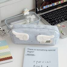Cute 3D Wing Decor Star Pattern Pencil Pouch, Zipper Canvas Stationery Storage Bag, Back‑To‑School Supplies For School Girls - Star Pencil Case - View 11