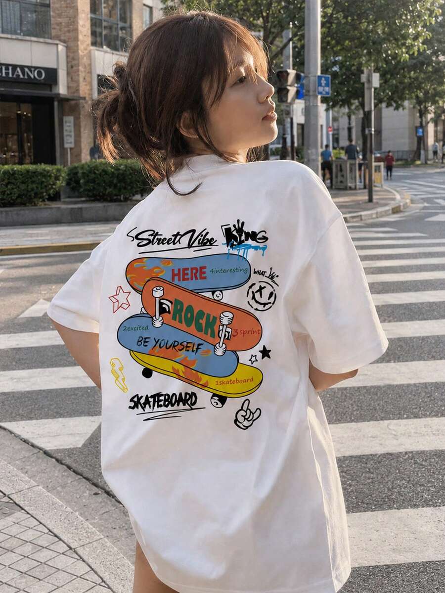 Japanese Style Women's Loose Casual Round Neck Letter & Skateboard Print Short Sleeve T-Shirt, Versatile For Spring/Summer White - White - View 1