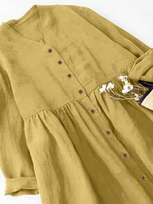 Women's Spring/Autumn V-Neck Open Front Vintage Casual Elegant Minimalist 3/4 Sleeve Loose Dress, Polyester Fabric, Fall Dresses For Women Yellow - Yellow - View 5