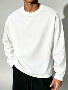 Men's Classic Solid Color Crew Neck Long Sleeve T-Shirt, All-Season Wear, Essential Long Sleeve For Autumn/Winter Wardrobe - White - View 6