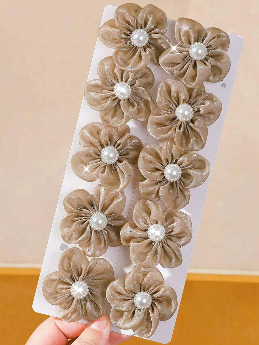 10入女孩咖啡色珍珠花朵髮夾,頂部夾、後腦夾、側邊夾,鱷魚夾,適合日常使用 - 咖啡 - 查看 1