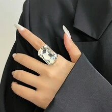 1pc Fashion Niche Design Exaggerated Rhinestone Gemstone Open Ring, Luxury High-End Vintage Square Finger Ring - Silver - View 12