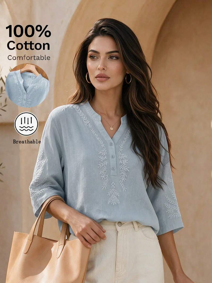 Women's Summer Autumn Elegant Vintage Artistic Casual 100% Cotton Solid Color Non-Positioned Embroidery Cotton Linen Loose Fit Daily Commute Blouse, Holiday Vacation Outing Versatile Cotton Embroidered Elegant Shirt, Commute Business Casual Office Tea Party Versatile Embroidered Blouse - Blue - View 1