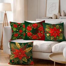 4pcs Christmas Poinsettia Pillow Covers, Wreath Colorful Ball String Light Palm Leaf Print Pattern Without Insert, Single-Sided Print Pillow Covers, Suitable For Living Room Bedroom Home Decor, All Season Pillow Covers - Multicolor - View 2