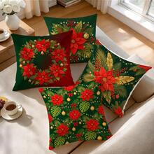 4pcs Christmas Poinsettia Pillow Covers, Wreath Colorful Ball String Light Palm Leaf Print Pattern Without Insert, Single-Sided Print Pillow Covers, Suitable For Living Room Bedroom Home Decor, All Season Pillow Covers - Multicolor - View 6