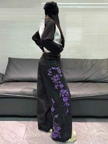 1件韓式街頭風女款刺繡寬腿牛仔褲，寬鬆舒適，四季皆宜長褲（本產品不含腰帶/配件） - 黑色 - 查看 9