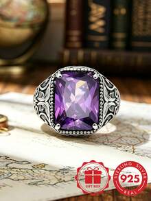 S925 Sterling Silver Vintage Scroll Carved Square Purple Zirconia Men's Wide Ring, Distressed Relief Design, Personalized Ring Gift Box Set - Silver - View 4
