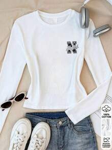 Ladies Cotton Long Sleeve Tee Girls Casual Top With Black Letter Print Round Neck Slim Fit Breathable Fall Winter Basic Layer - White - View 3