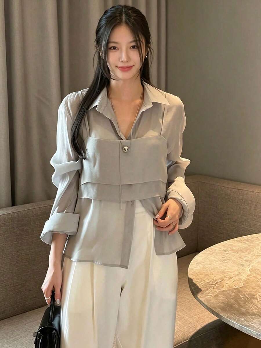 YCYC 法式優雅設計分層兩件式套裝 吊帶背心與襯衫 女款獨特上衣 春季新款穿搭 - 灰色 - 查看 1