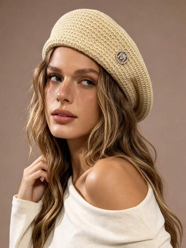 1pc Women's Minimalist Hollow Knit Breathable Fashion Letter Beret, Autumn/Winter Versatile Easy-To-Care Elegant Newsboy Cap, Comfortable Casual, Suitable For Outings, Gatherings, Shopping, Travel, Vacation And More