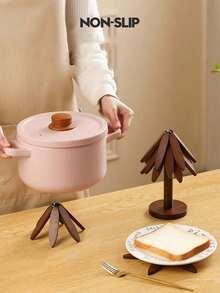 1 Set Walnut Wood Tree-Shaped Heat-Insulating Mat Set - Natural Tree-Shaped Heat-Insulating Mat Combination - 5 Wooden Heat-Insulating Mats With 1 Storage Rack, Foldable Kitchen Wooden Heat-Insulating Mat, Suitable For Hot Dishes, Pots, Bowls, Teapots, Etc., With Heat Insulation And Anti-Scalding Functions, Ideal Choice For Pot Mats, Coasters, Clay Pot Mats. Tree-Shaped Design, Home Heat-Resistant Table Mat, High-Quality Coaster, Modern Minimalist Table Mat, Also Suitable As Christmas Gift. - View 3