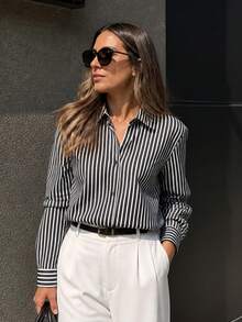 1pc Women's Classic Vertical Striped Collared Shirt, Smooth Drape Slim Fit Long Sleeve Commuter Blouse, Flattering Versatile All-Match Top For Light Office Wear, Casual Daily Spring/Autumn Layering - Blue - View 4