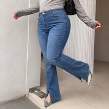 Plus Size High‑Stretch Flare Leg Denim Jeans, Medium Blue Washed High Waist Front Slit Hem Jeans For Pear‑Shaped Curvy Figures - Blue - View 4