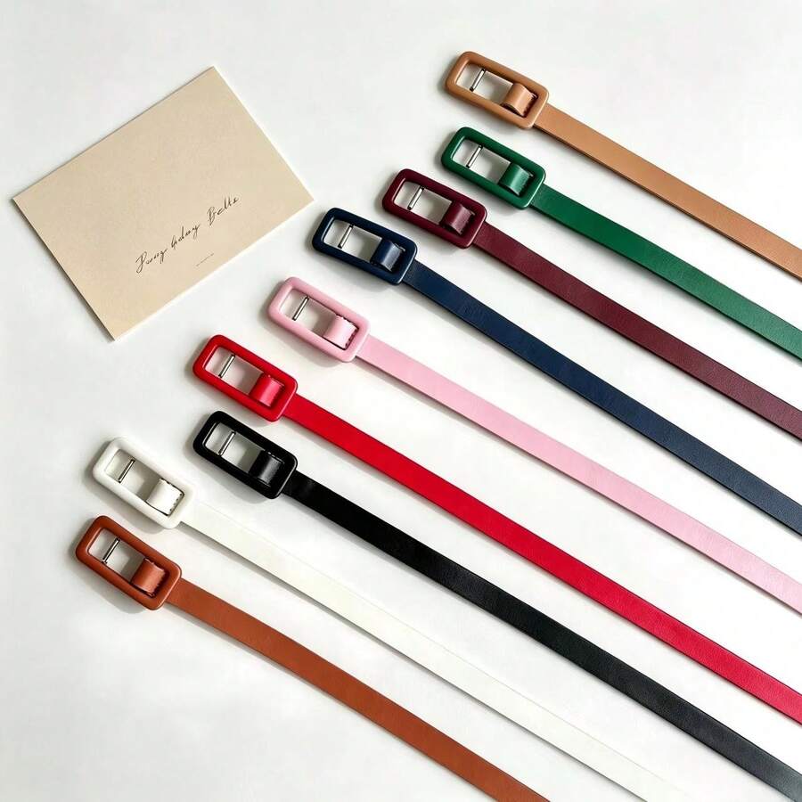 Women Minimalist Solid PU Skinny Waist Belt, Square Punch‑Free Buckle Decor Accessory For Campus Summer Fall Autumn Halloween Daily Outfit Matching - Small Bag Buckle Thin Belt - View 1