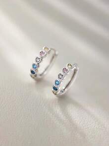 S925 Sterling Silver Colorful Heart-Shaped Zirconia Ear Cuffs, Double-Layer Hollow Hoop Earrings, Niche High-End Hypoallergenic Ear Jewelry - White Gold - View 5