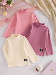 3pcs Girls Casual English Letter Patch & Solid Color Soft Comfortable Long Sleeve Mock Neck T-Shirts, Outdoor Autumn/Winter - Multicolor - View 2