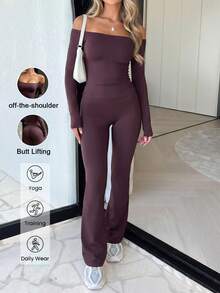 Aoqta Sports Women's Fall Casual Cold Shoulder 2 Pieces Set,Sexy Solid Color Long Sleeve Top & High Waist Slim Fit Flare Pants,For Yoga,Daily Wear - Purple - View 3