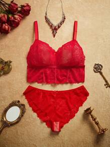 PinupPomp Fashionable Vintage Red Lace Patchwork Plus Size Sexy Lingerie Set 3pcs - Red - View 16