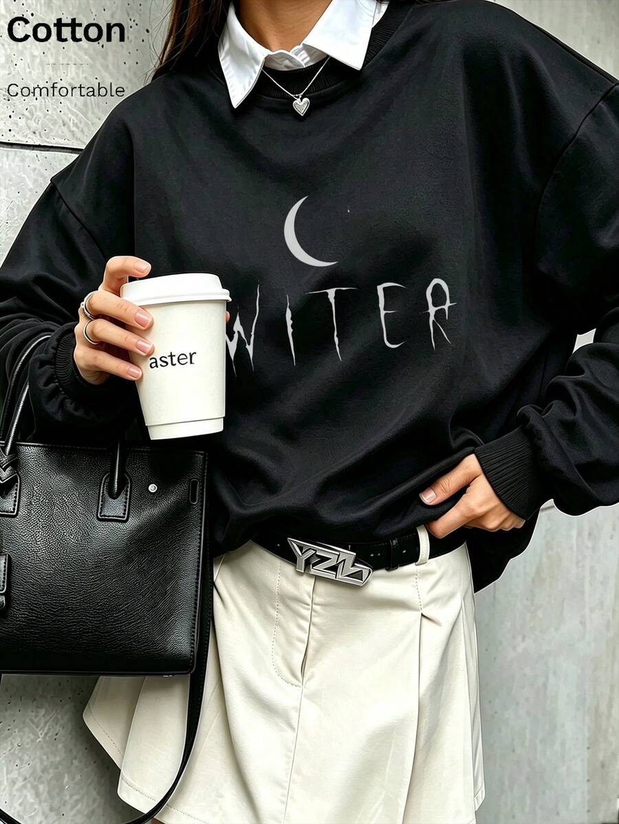 Oversized Women's Sweatshirt For Autumn/Winter, Casual Daily Wear, Long Sleeve Hoodie, Outerwear Top, Y2K, Letter Slogan Graphic, Unisex,Black - Black - View 1