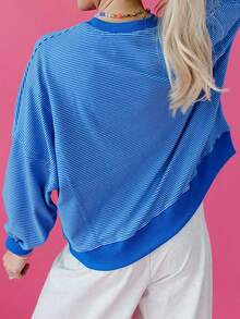 Acelitt Sudadera de manga larga holgada con cuello redondo, costura en V, hombros caídos y rayas para primavera y otoño - Azul - Ver 2