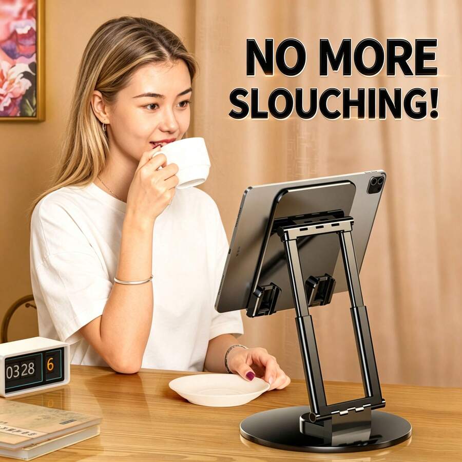 Sturdy Weighted Metal Base + 360° Rotatable Desktop Tablet Stand, Creative Acrylic Panel Universal Phone/Tablet Holder + Silver Metal Base - View 1