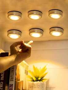 Silver Push-Button LED Light, 3 LED Wireless Cabinet Night Light, Yellow/White Light Round Push Design, Wall Lamp Suitable For Home Lighting, Hallway Bathroom, Bedroom Kitchen, Cabinet Stairs, Dorm Lighting Essential (Battery Not Included) - Silver Casing - View 1