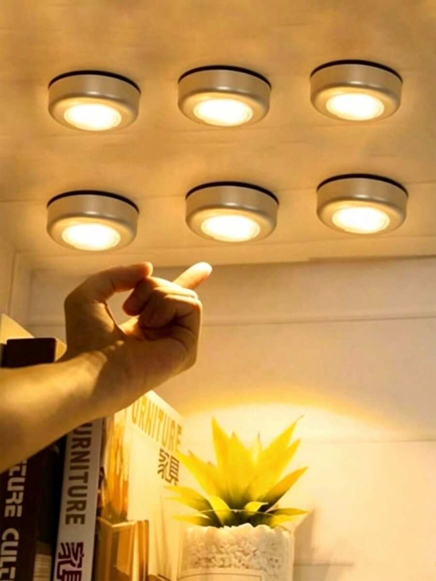 Silver Push-Button LED Light, 3 LED Wireless Cabinet Night Light, Yellow/White Light Round Push Design, Wall Lamp Suitable For Home Lighting, Hallway Bathroom, Bedroom Kitchen, Cabinet Stairs, Dorm Lighting Essential (Battery Not Included) - Silver Casing - View 1