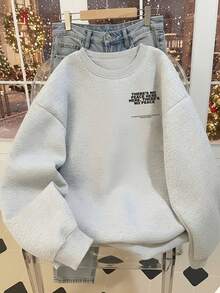 女款淺灰色寬鬆慵懶風秋季套頭圓領衛衣，背面大字母趣味英文標語印花 - 淺灰色 - 查看 4