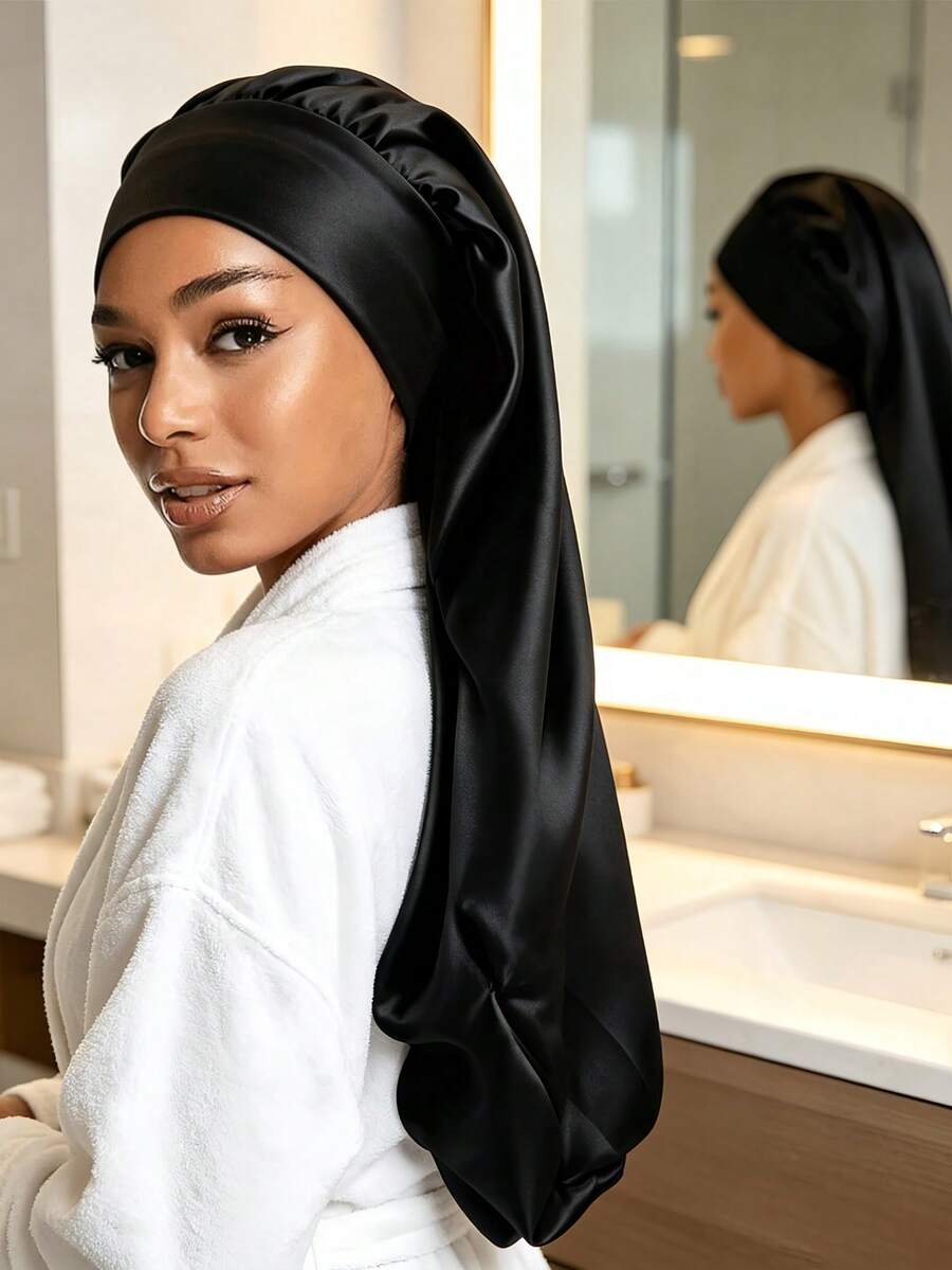 Wide Brim Quick-Dry Solid Color Satin Shower Cap/Hair Cap, Portable Women's Sleep Cap With Elastic Tie, Suitable For Women's Hair, Bathroom Accessory, Hair Accessory, Travel Essential