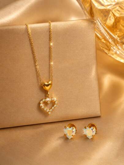 VceTd 1/2/3 piezas Conjunto de collar con colgante de corazón romántico y pendientes de corazón, juego de joyería de acero inoxidable para mujer, adecuado para uso diario, citas o regalo de vacaciones