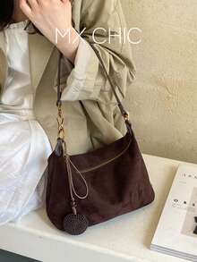 1件女款純色新月肩背包，時尚秋冬新款吊飾手提包，適合通勤、購物、送禮 - 咖啡棕 - 查看 1