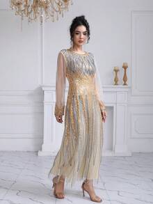 JINLICX Luxury Champagne Gold Tassel Beaded Evening Gown Sheer Long Sleeve Sequin Maxi Dress - Champagne - View 4