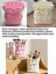 1pc French Sweet Bow Makeup Brush Holder, Pink & White Color, Suitable For Vanity, Bathroom Countertop, Home Storage, Girly Style, Valentine's Day And Girl Gift Choice - Multicolor - View 10