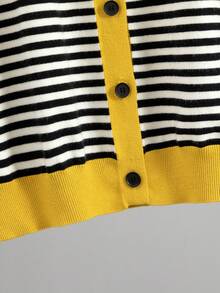GIGOGOU Plus Size 1XL-4XL Women's Autumn/Winter Colorblock Striped Knit Cardigan, Round Neck Front Button Long Sleeve Casual Knit Jacket - Yellow - View 11