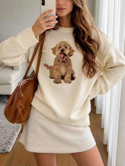 Women's Casual Urban Elegant Autumn/Winter Apricot Dog Animal Pattern Fashion Sweater, Comfortable Casual, Minimalist, Suitable For Home & Commute, Decorative Round Neck Long Sleeve Knit Sweater