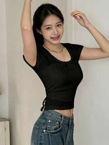 YCYC Korean Style Fashion Casual Women's Design Lace-Up Short Sleeve T-Shirt Black Summer - Black - View 3