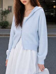 Women's Casual Minimalist Waffle Knit Hooded Cardigan Sweater Jacket, Autumn/Winter - Baby Blue - View 4