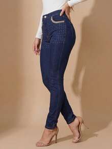pthirillo Calça Feminina Denim Skinny para Uso Diário Com Lycra Elastano Empina Bumbum Premium com Strass Brilho - Pocket Strass - Visão 10