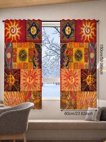 2pcs Vintage Patchwork Sun Print Semi-Sheer Curtains, Bohemian Warm Tone Plaid Sun God Pole Bag Curtains For Bedroom Floor-To-Ceiling Window Decor - Multicolor - View 14
