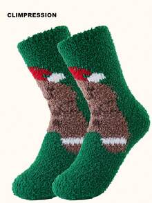 CLIMPRESSION Christmas Pattern Mid-Calf Socks, Soft Coral Fleece Warm Slippers Socks, Green Holiday Indoor Floor Socks, Women's - Green - View 8