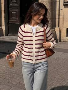 JIANHU Red & Burgundy Striped Knit Cardigan - Full Zip Up Sweater With Ribbed Cuffs And Pockets, Suitable For Christmas Markets And Casual Office Wear, Autumn/Winter - Red - View 1