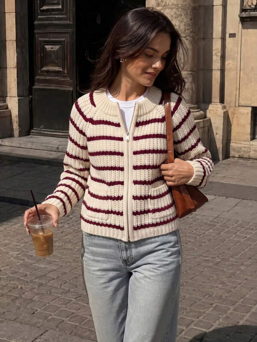JIANHU Red & Burgundy Striped Knit Cardigan - Full Zip Up Sweater With Ribbed Cuffs And Pockets, Suitable For Christmas Markets And Casual Office Wear, Autumn/Winter - Red - View 1