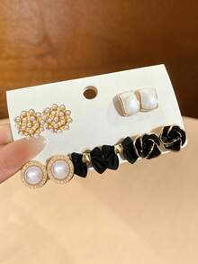 5 Pairs Gold-Rimmed Multi-Design Earrings Set, Black Floral Bow And Faux Pearl Decor, Women's Daily Wear - Multicolor - View 9
