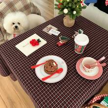 1pc Christmas New Year Tablecloth, Red Plaid Pure Cotton INS Style Decorative Background Cloth, Suitable For Holiday And Daily Decoration - Black - View 4