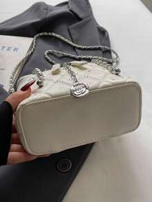 Dedoo Fashionable Diagonal Shoulder Chain Bag, Structured Square Box Bag, Rhinestone Embellished Shiny Quilted Bag For Women - White - View 3
